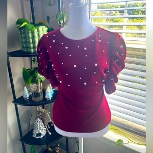 Elegant Red Pearl-Embellished Top